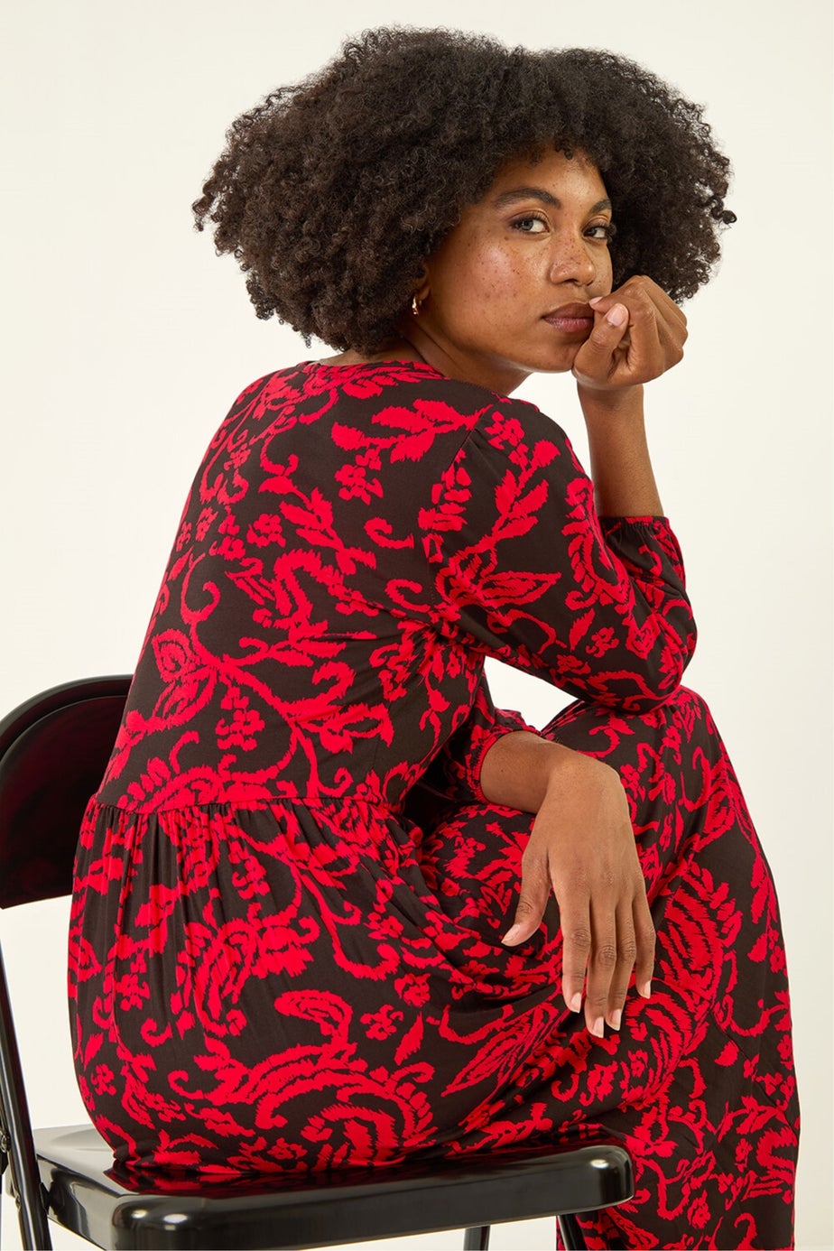 Roman Red Paisley Print Pocket Midi Stretch Dress