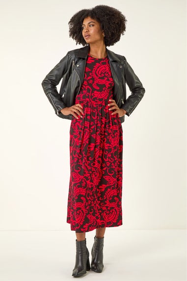 Roman Red Paisley Print Pocket Midi Stretch Dress