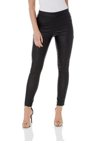Roman Black Faux Leather Pull On Elastic Waist Trousers