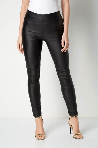 Roman Black Faux Leather Pull On Elastic Waist Trousers