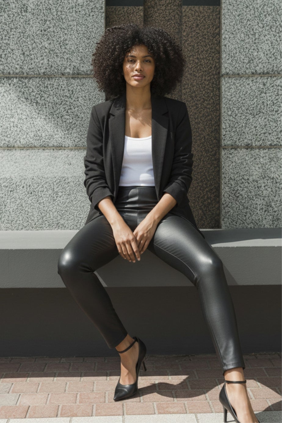 Roman Black Faux Leather Pull On Elastic Waist Trousers