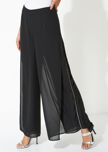 Roman Black Diamante Side Split Chiffon Trousers