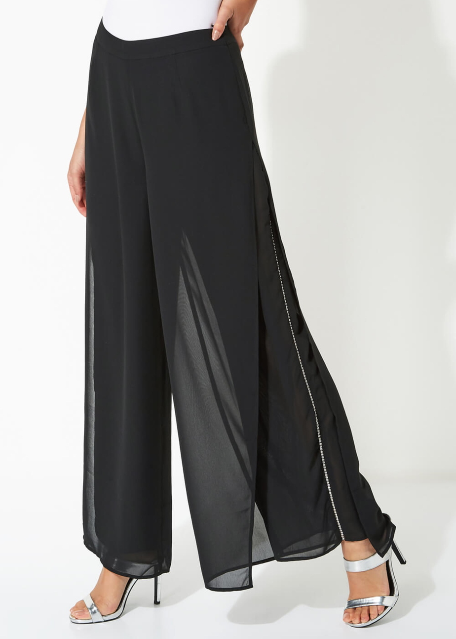 Roman Black Diamante Side Split Chiffon Trousers
