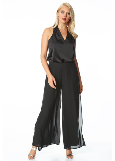 Roman Black Diamante Side Split Chiffon Trousers