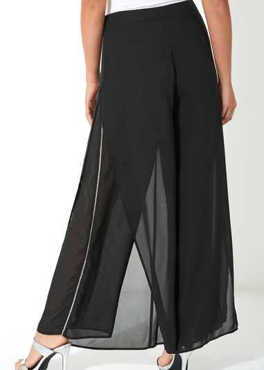 Roman Black Diamante Side Split Chiffon Trousers