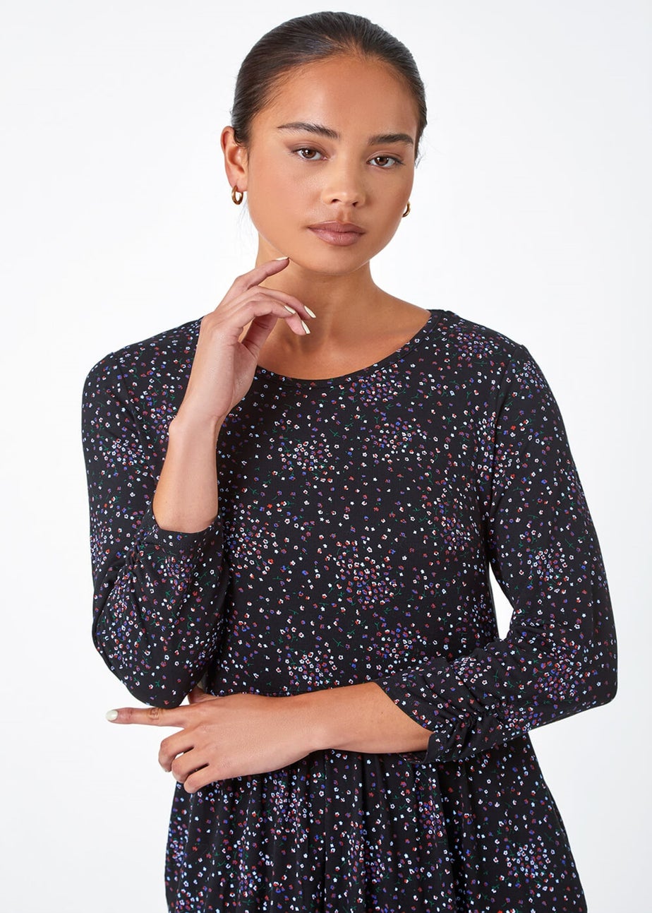 Roman Petite Black Ditsy Floral Stretch Dress