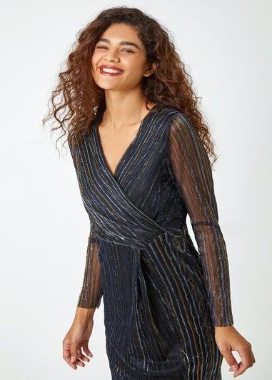 Roman Black Shimmer Stripe Print Midi Wrap Dress
