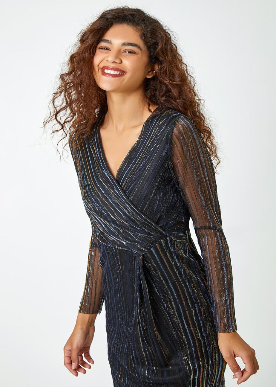 Roman Black Shimmer Stripe Print Midi Wrap Dress