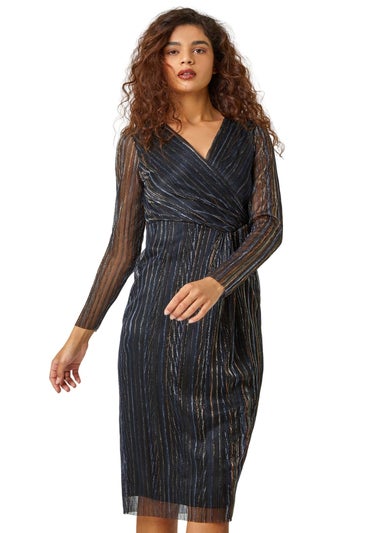 Roman Black Shimmer Stripe Print Midi Wrap Dress