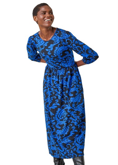 Roman Blue Paisley Print Pocket Midi Stretch Dress
