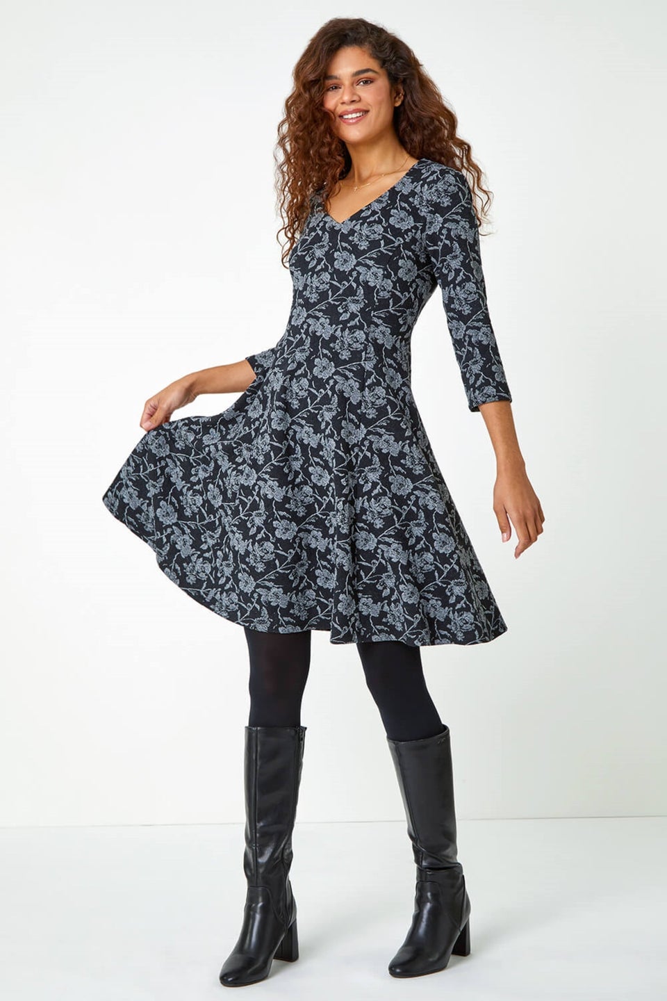 Roman Black Rose Print Cotton Blend Stretch Dress