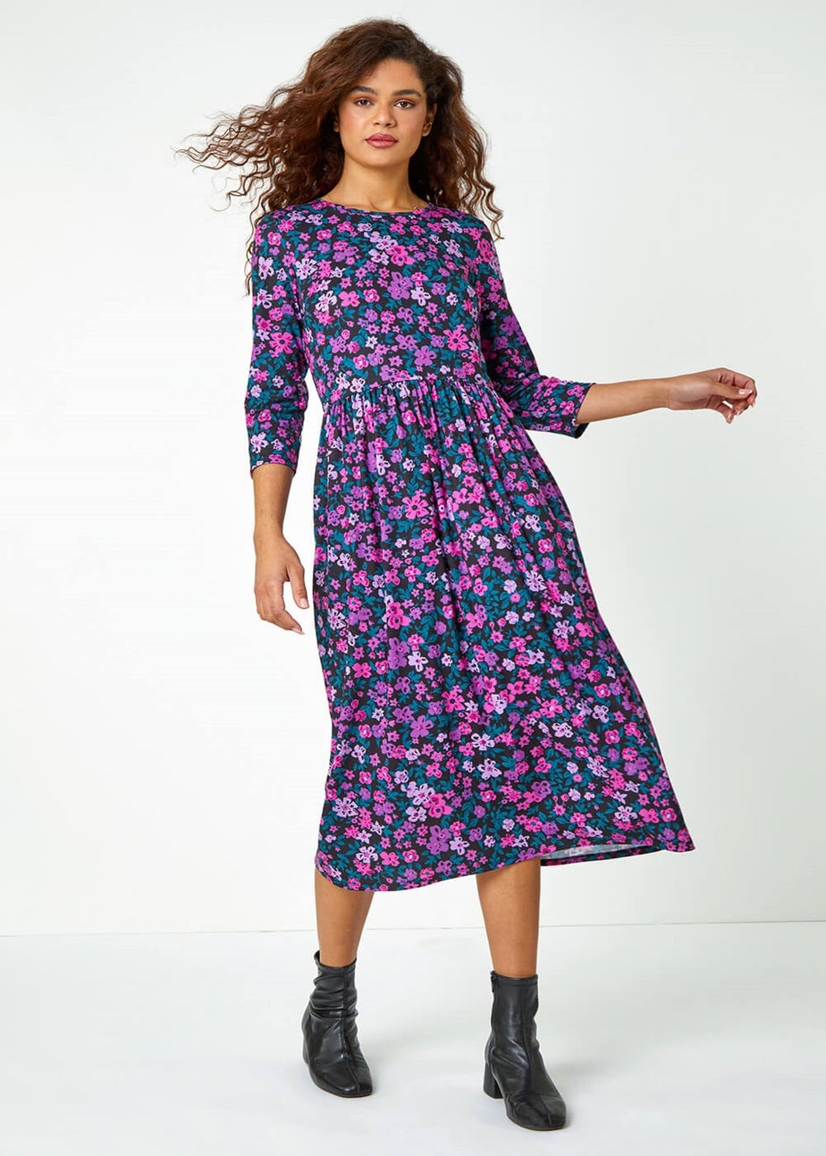 Roman Purple Floral Print Midi Stretch Dress
