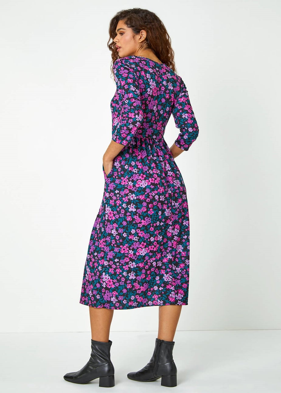 Roman Purple Floral Print Midi Stretch Dress