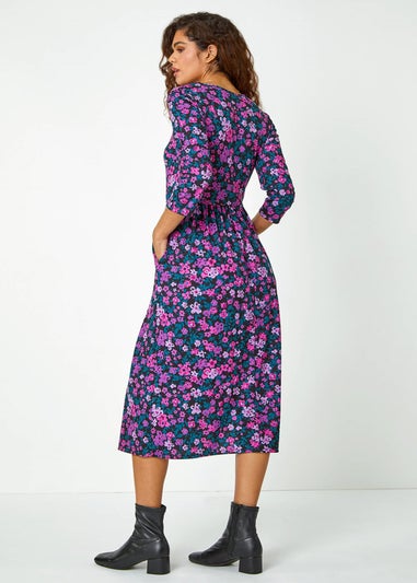 Roman Purple Floral Print Midi Stretch Dress