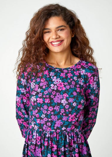 Roman Purple Floral Print Midi Stretch Dress