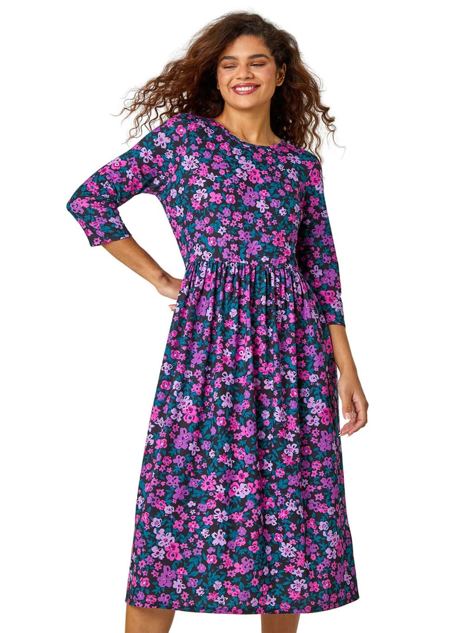 Roman Purple Floral Print Midi Stretch Dress