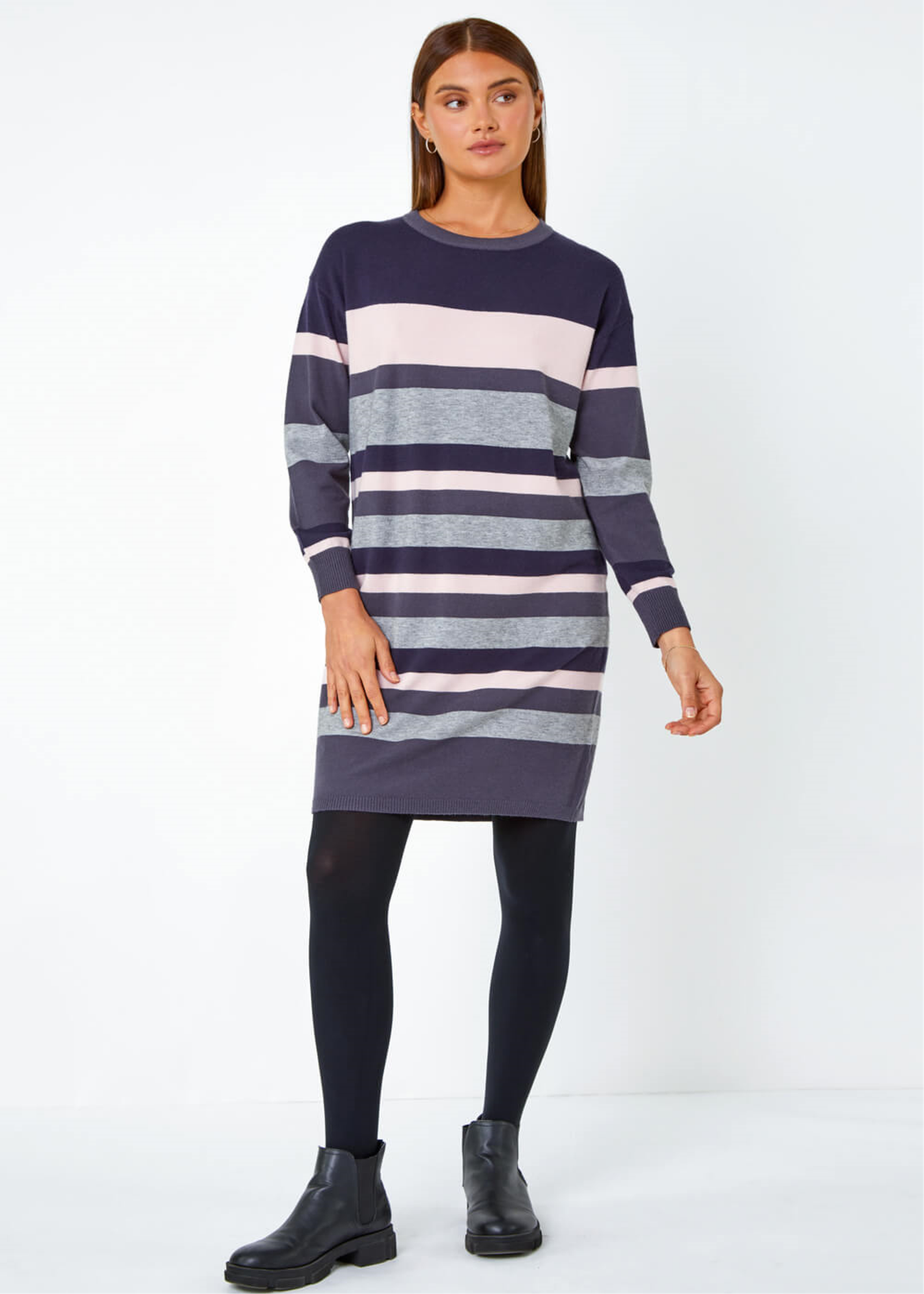 Roman Navy Stripe Print Knitted Jumper Dress