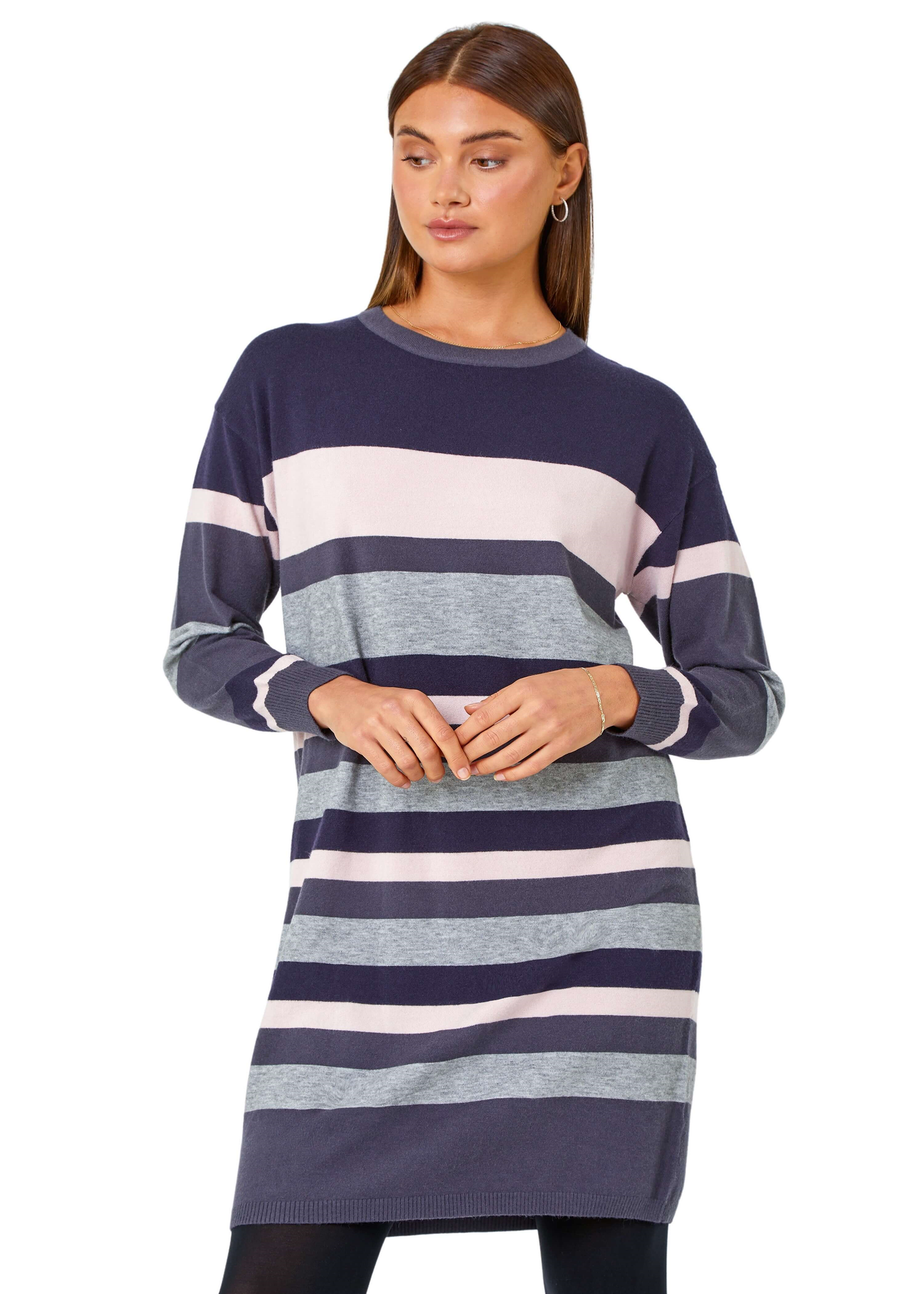 Roman Navy Stripe Print Knitted Jumper Dress