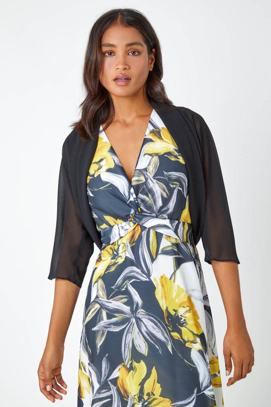 Roman Black Ruched Hem Chiffon Bolero