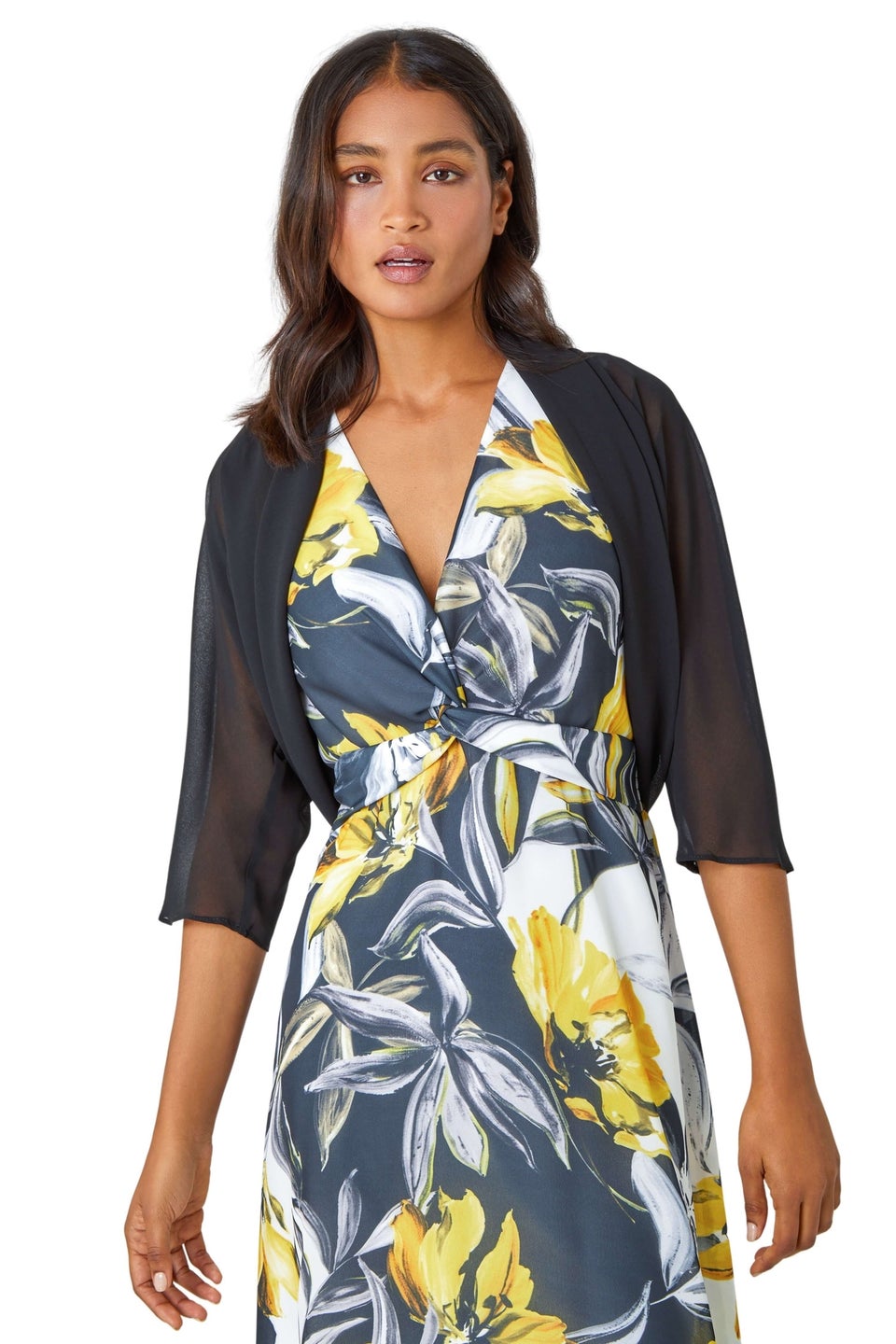 Roman Black Ruched Hem Chiffon Bolero