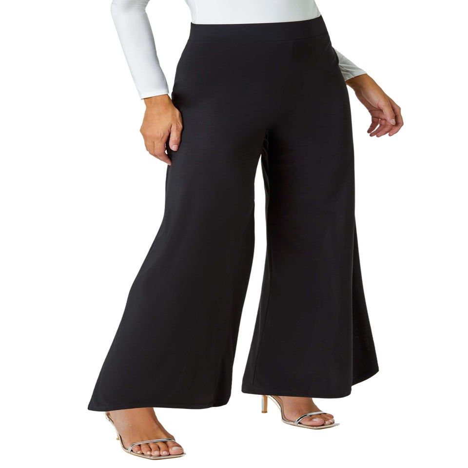 Roman Black Elastic Waist Wide Leg Stretch Trousers