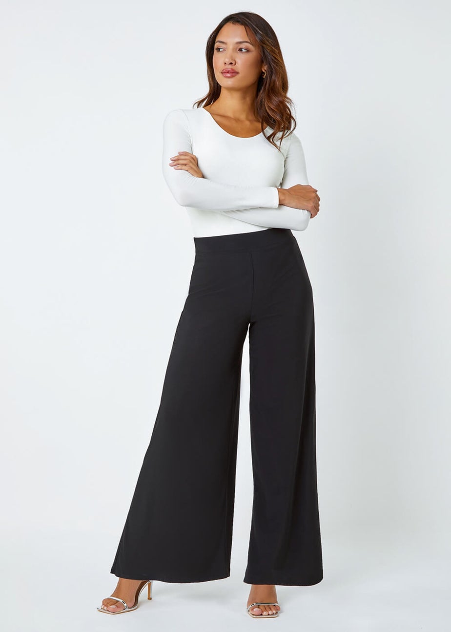 Roman Black Elastic Waist Wide Leg Stretch Trousers
