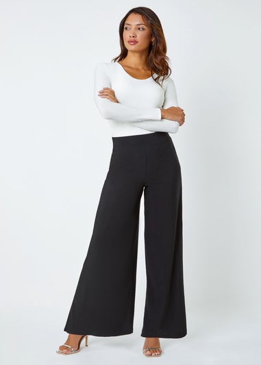 Roman Black Elastic Waist Wide Leg Stretch Trousers