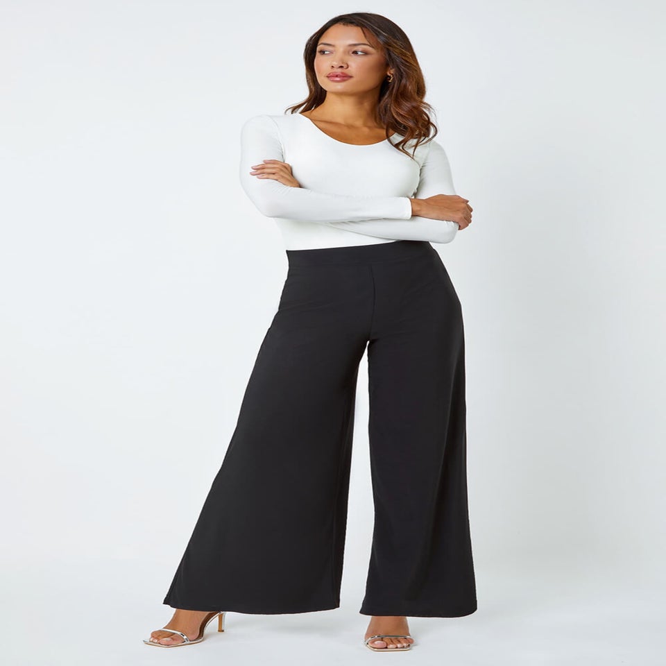 Roman Black Elastic Waist Wide Leg Stretch Trousers