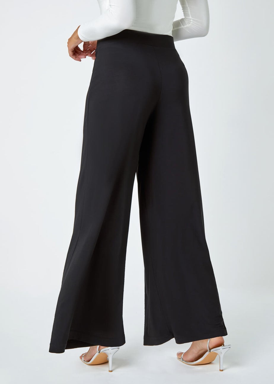 Roman Black Elastic Waist Wide Leg Stretch Trousers