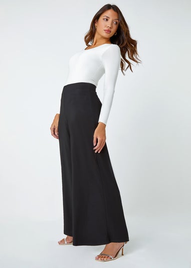Roman Black Elastic Waist Wide Leg Stretch Trousers