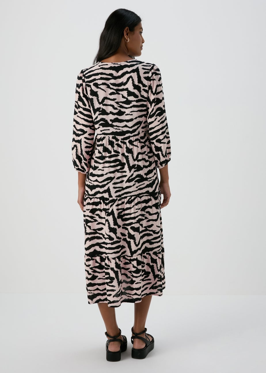 Black Animal Print Mono Tiered Midi Dress