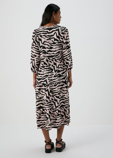Black Animal Print Mono Tiered Midi Dress