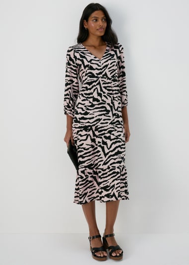 Black Animal Print Mono Tiered Midi Dress