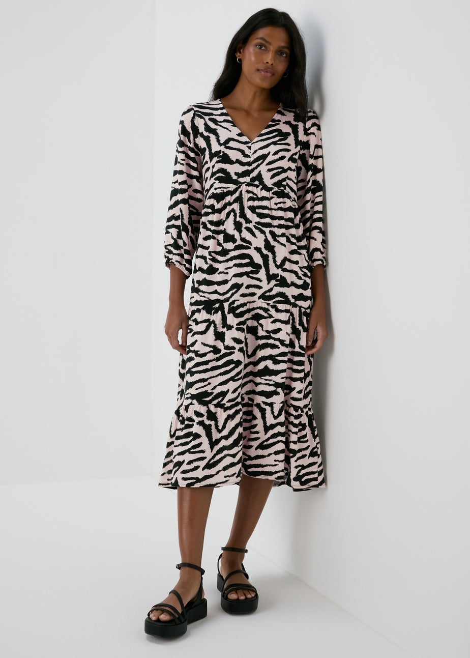 Black Animal Print Mono Tiered Midi Dress