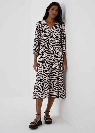 Black Animal Print Mono Tiered Midi Dress