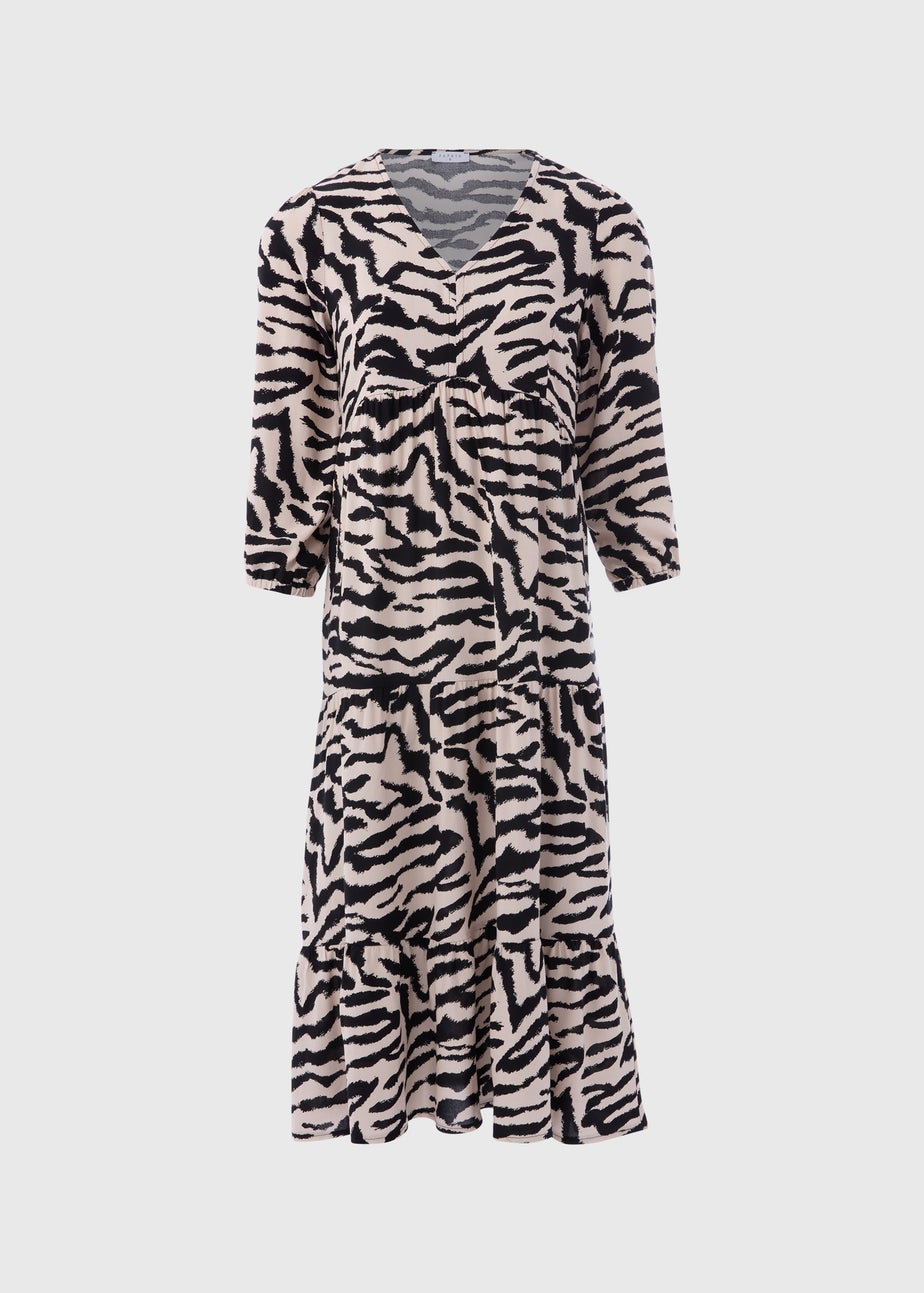 Black Animal Print Mono Tiered Midi Dress