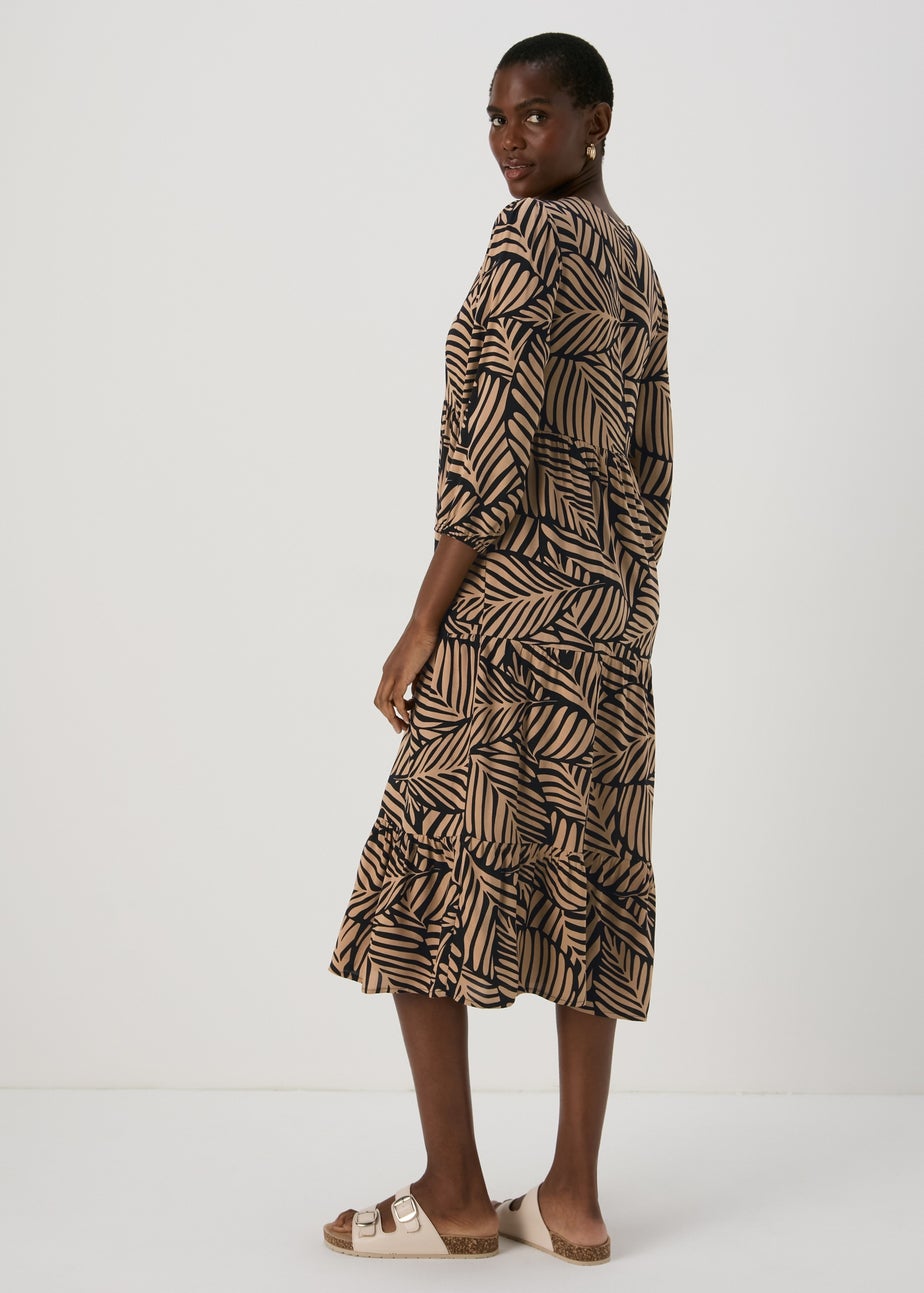 Brown Leaf Tiered Midi Dress