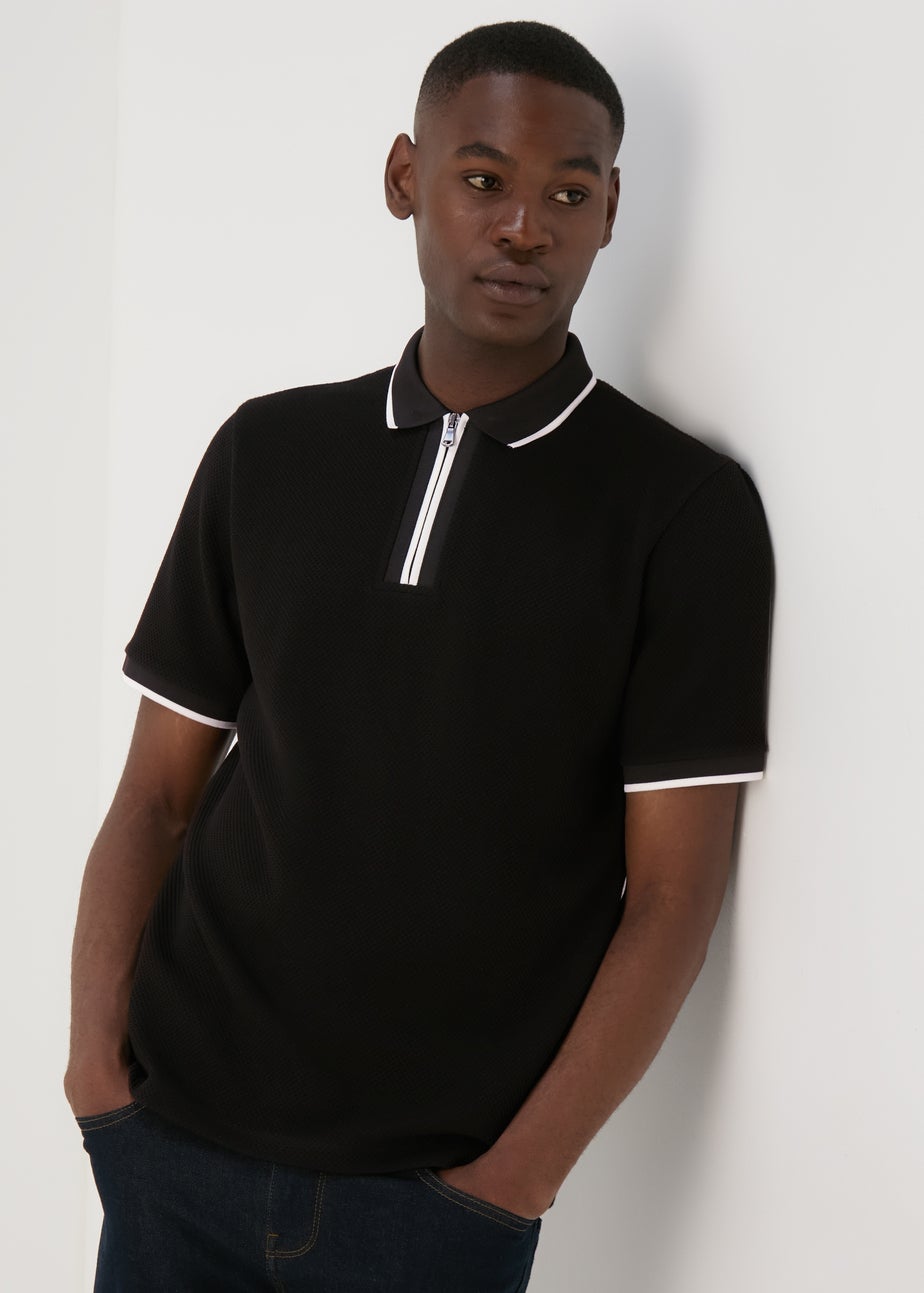 Black Textured Tipped Polo