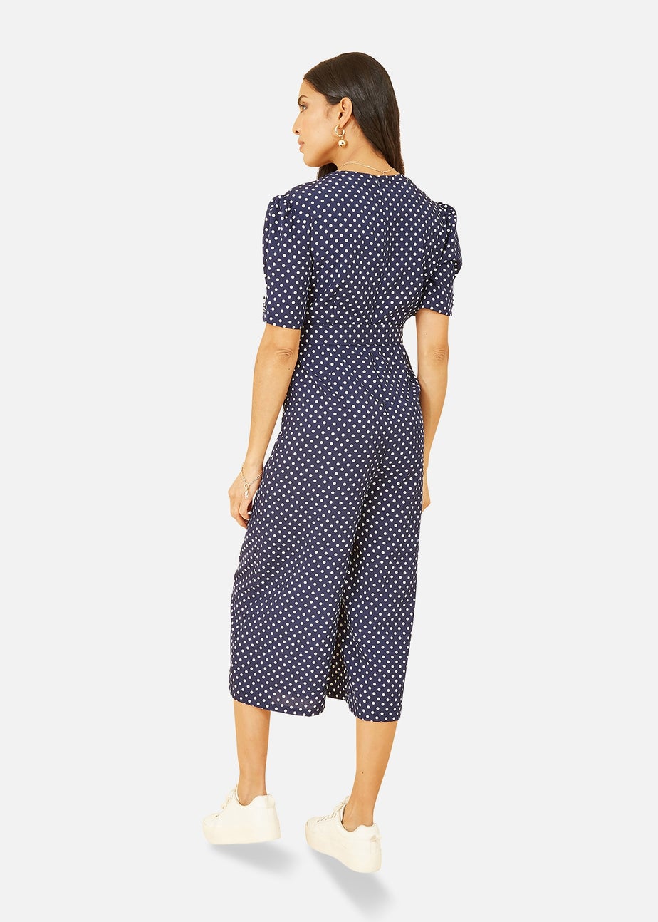 Yumi Navy Spot Print Retro Culotte Jumpsuit