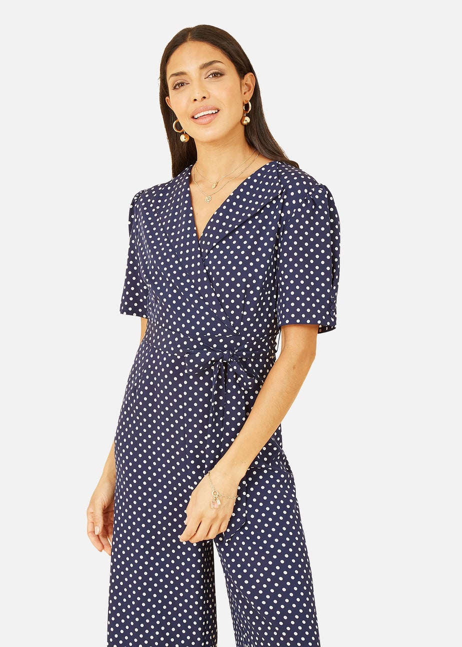 Yumi Navy Spot Print Retro Culotte Jumpsuit
