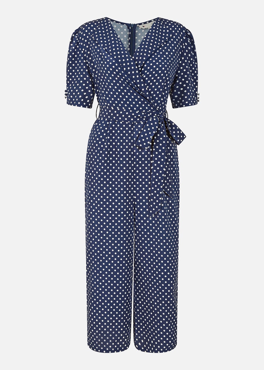 Yumi Navy Spot Print Retro Culotte Jumpsuit