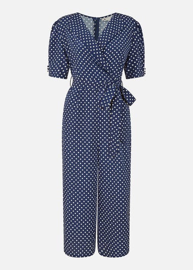 Yumi Navy Spot Print Retro Culotte Jumpsuit