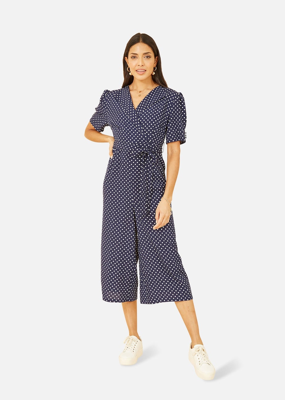 Yumi Navy Spot Print Retro Culotte Jumpsuit
