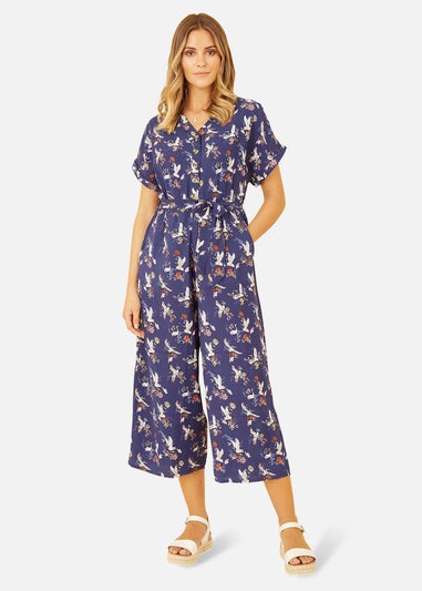 Yumi Navy Crane Print Culotte Jumpsuit