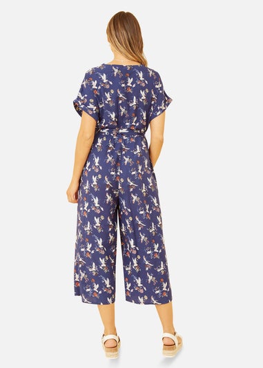Yumi Navy Crane Print Culotte Jumpsuit