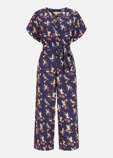 Yumi Navy Crane Print Culotte Jumpsuit
