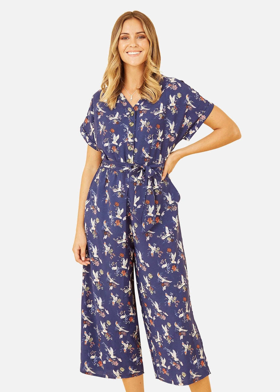Yumi Navy Crane Print Culotte Jumpsuit