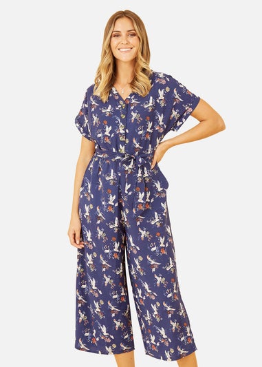 Yumi Navy Crane Print Culotte Jumpsuit