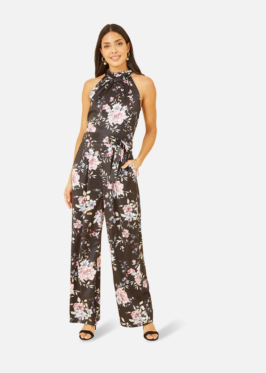 Yumi Black Floral Satin Halter neck Jumpsuit