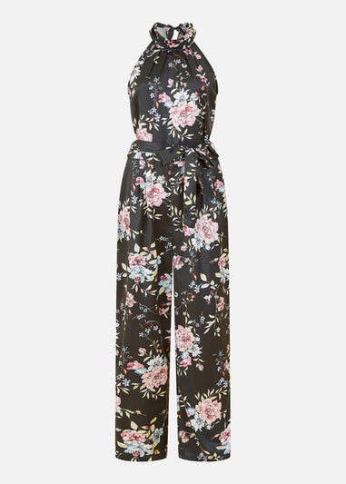 Yumi Black Floral Satin Halter neck Jumpsuit